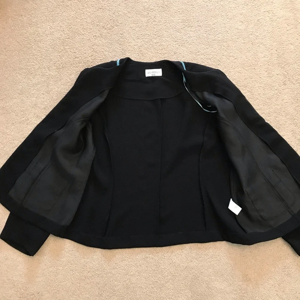 Studio Blazer Jacket Size 16 Black Light Blue Trim Pockets Easy Care Office Corp